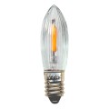 Wyłączona żarówka LED o gwincie E10, widoczny filament, z tyłu białe tło.