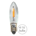 Wyłączona żarówka LED o gwincie E10, widoczny filament, z tyłu białe tło, obok infografika 4-16 bulbs.