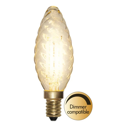 Żarówka LED TC35 z gwintem E14, bursztynowe, skręcone szkło, włączone filamenty LED. Obok znajduje się ikona „Dimmer compatible” informująca o możliwości ściemniania.