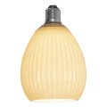 Żarówka LED E27 Decoled Dream o matowym, ryflowanym szkle w odcieniu beżu. Widok z przodu, światło o ciepłej barwie 3000K.