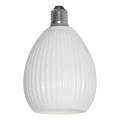 Żarówka LED E27 Decoled Dream z białym, ryflowanym szkłem w kształcie kropli. Widok z przodu w stanie wyłączonym.