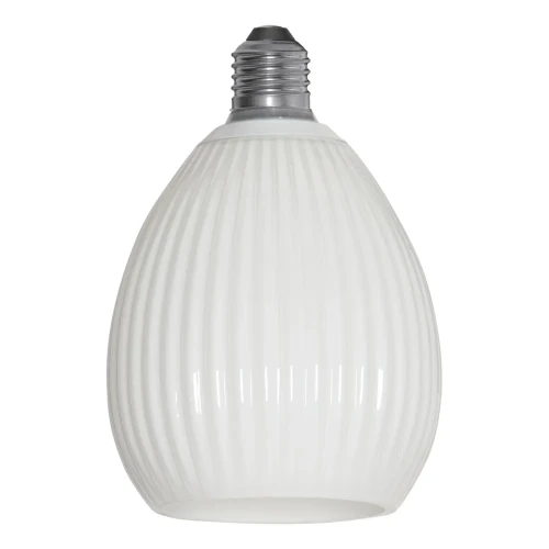 Żarówka LED E27 Decoled Dream z białym, ryflowanym szkłem w kształcie kropli. Widok z przodu w stanie wyłączonym.