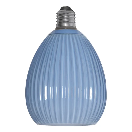 Żarówka LED E27 Decoled Dream z błękitnym, pionowo ryflowanym szkłem, widok z przodu w stanie wyłączonym.