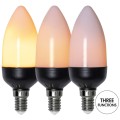 Żarówka LED E14 płomyk z trzema trybami świecenia, różne efekty światła – od stałego po dynamiczny efekt płomienia.