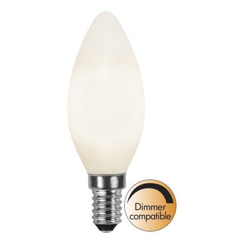 Żarówka LED E14 świeczka mleczna ciepła biel ściemnialna, dekoracyjny wydłużony kształt, oznaczenie dimmer compatible, zdjęcie na jasnym tle.