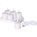Komplet 6 świeczek LED z ładowarką USB, widok z kablem do ładowania.