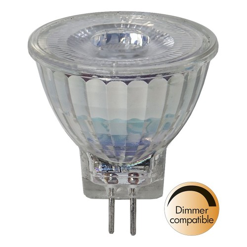 Żarówka LED MR11 z trzonkiem GU4, szklany reflektor oraz oznaczenie dimmer compatible, do opraw punktowych.