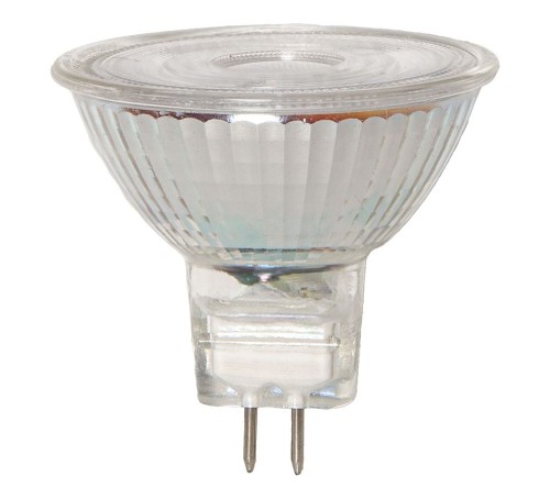 Żarówka halogenowa MR16 z trzonkiem GU5.3, szklany reflektor i dwa piny montażowe.