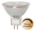 Żarówka halogenowa MR16 GU5.3 z przezroczystym reflektorem oraz oznaczeniem dimmer compatible.