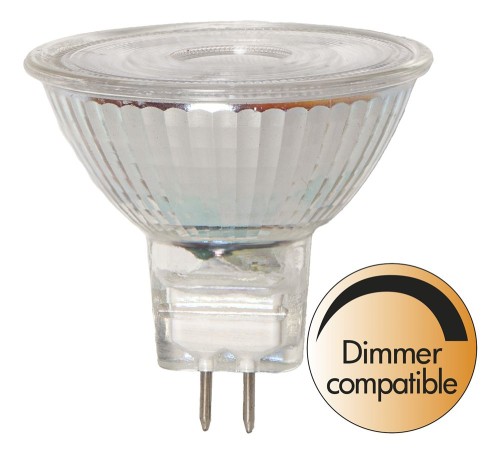 Żarówka halogenowa MR16 GU5.3 z przezroczystym reflektorem oraz oznaczeniem dimmer compatible.