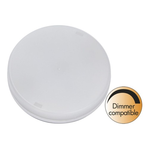 Płaska żarówka LED GX53 z mlecznym kloszem, oznaczenie dimmer compatible.