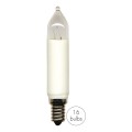 Pojedyncza żarówka świecowa E10 z białym korpusem i przezroczystą końcówką, na białym tle, okrągłe oznaczenie „16 bulbs” obok produktu.