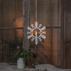 Dekoracja śnieżynka metalowa wisząca biała FLAMME SNOW na baterie