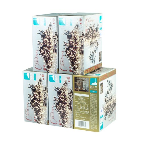 5x Opakowanie świątecznych lampek choinkowych LED EGLO, 25 m długości, ciepłe białe światło. Zdjęcie przedstawia 5 kartonów z grafiką rozświetlonego łańcucha świetlnego.