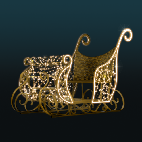 Złote Sanie 3D LED z efektem NEON – elegancka dekoracja świąteczna z ciepłym białym światłem, artystyczna forma z eko druku 3D i liniowym oświetleniem LED, idealna do ekspozycji miejskich.