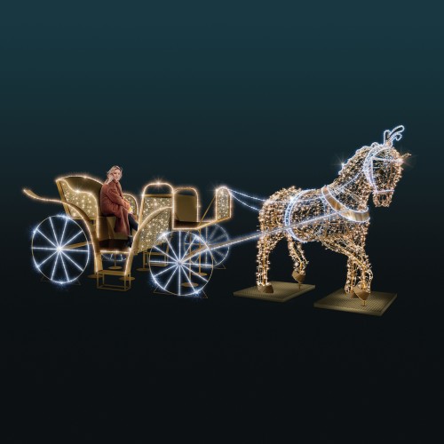 Iluminacja świąteczna Konna Dorożka 3D – złota dekoracja z koniem i pojazdem, 7,5 m długości, 4390 LED, 278 W, wykonana z aluminium, oświetlenie LED w ciepłej barwie.