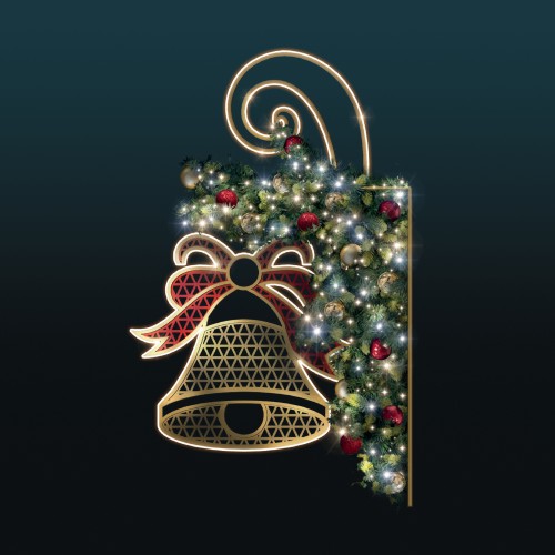 Dekoracja latarniowa LED 2D Dzwonek z Zielonym Iglakiem – złoty dzwonek z kokardą, oświetleniem LED i naturalnie wyglądającym igliwiem z bombkami w świątecznej kolorystyce.
