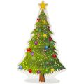 Dekoracyjna naklejka LED w formie kolorowej, ozdobionej choinki z gwiazdą na szczycie, pokazana na białym tle.