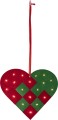 Czerwono-zielone serce świąteczne z wbudowanymi diodami LED, prezentowane na białym tle. Dekoracja świeci ciepłym światłem i posiada zawieszkę do łatwego montażu.