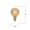 Żarówka LED G95 Vintage z zaznaczonymi wymiarami: średnica 9,5 cm i wysokość 14,5 cm, bursztynowe szkło, filament LED, trzonek E27.