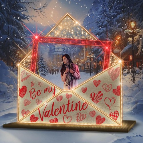 Iluminowana dekoracja walentynkowa w formie otwartej koperty LED z napisem „Be my Valentine”, ustawiona w zimowej scenerii miejskiej; ciepłe i czerwone światło LED, element fotopunktu.