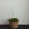 Gwiazdka NEON LED umieszczona w doniczce z zieloną rośliną; białe światło, cienki metalowy pręt i przewód zasilający, jasna ściana w tle.