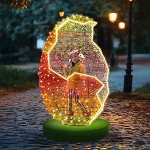 Przestrzenna dekoracja wielkanocna Kurczak 3D LED w pękniętym jajku, iluminacja w kolorze czerwono-żółtym z efektem neonowej linii LED, instalacja wolnostojąca do parków, miast i galerii handlowych.