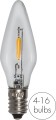 Pojedyncza żarówka LED filament w kształcie świeczki z półprzezroczystego szkła. Wewnątrz widoczny świecący filament LED oraz metalowy gwint E10. Obok oznaczenie „4–16 bulbs”, tło białe.
