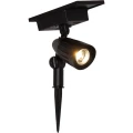 Reflektor solarny LED ogrodowy ze szpikulcem i panelem solarnym, czarna obudowa, regulowana głowica, świeci ciepłym białym światłem.