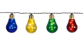 Girlanda solarna LED z kolorowymi żarówkami w odcieniach niebieskim, żółtym, zielonym i czerwonym. Każda żarówka zawiera mikro diody LED typu Dew Drop i jest połączona czarnym przewodem.