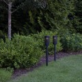 Dwie solarne lampy ogrodowe LED w czarnej oprawie, rozmieszczone wzdłuż żywopłotu; delikatne światło akcentowe podkreśla linię trawnika i kompozycję ogrodu.