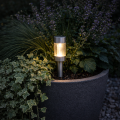 Solarna lampa ogrodowa LED na szpikulcu z przezroczystym kloszem i metalową obudową, emitująca ciepłe światło jako oświetlenie roślin w donicy.