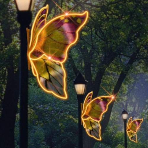 Dekoracja latarniowa 3D motyl LED – świetlna ozdoba uliczna montowana na latarni, motyl z żółtym konturem LED i kolorowym skrzydłem, dekoracja parkowa do iluminacji miejskich alei, promenad i deptaków.