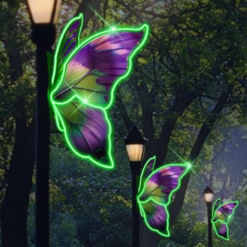 Dekoracja latarniowa 3D motyl LED – świetlna ozdoba uliczna montowana na latarni, motyl z zielonym konturem LED i kolorowym skrzydłem, dekoracja parkowa do iluminacji miejskich alei, promenad i deptaków.