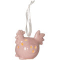 Porcelanowa dekoracja wielkanocna LED w kształcie różowego kurczaczka z ażurowymi wycięciami i białą wstążką do zawieszenia, emitująca ciepłe, nastrojowe światło.