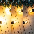 Porównanie trzech poziomów jasności żarówki LED E27 na girlandzie ogrodowej, funkcja regulacji światła.