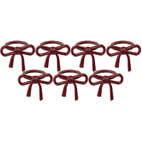 Siedem czerwonych plastikowych kokardek dekoracyjnych do świec i świeczników, ułożonych w dwóch rzędach na jasnym tle.