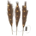 Zestaw trzech dekoracyjnych piór LED w kolorze brązowym na przewodzie z zasilaniem bateryjnym emitujących ciepłe światło jako ozdoba do wnętrz.