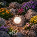 Solarny reflektor ogrodowy LED w formie kamienia ustawiony wśród kamieni i kwiatów, tworzy nastrojowe oświetlenie ścieżki i kompozycji ogrodowej.