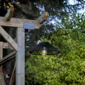 Lampa solarna zawieszona przy pergoli w otoczeniu zieleni, zapewniająca funkcjonalne i nastrojowe oświetlenie przestrzeni zewnętrznej.