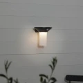 Kinkiet ogrodowy LED zamontowany na ścianie obok rośliny w donicy, zapewniający delikatne i funkcjonalne oświetlenie zewnętrzne.
