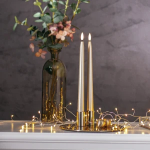 Zestaw 2x świeca LED obiadowa FLAMME METAL Złota 28cm na baterie