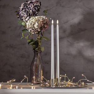 Zestaw 2x świeca LED obiadowa FLAMME METAL Srebrna 39cm na baterie