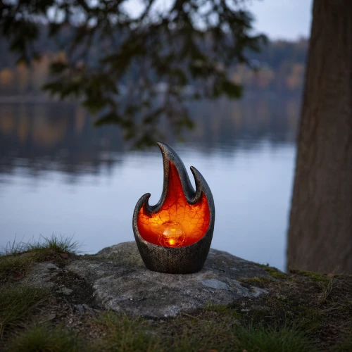 Dekoracyjna lampa solarna LED w formie płomienia ustawiona na kamieniu nad brzegiem jeziora. Ciepłe, bursztynowe światło tworzy spokojny, nastrojowy klimat i subtelnie podkreśla naturalne otoczenie.