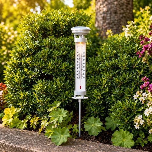 Solarny termometr ogrodowy ze skalą w stopniach Celsjusza i Fahrenheita zamontowany na metalowym pręcie wśród zielonych roślin, do pomiaru temperatury powietrza w ogrodzie.