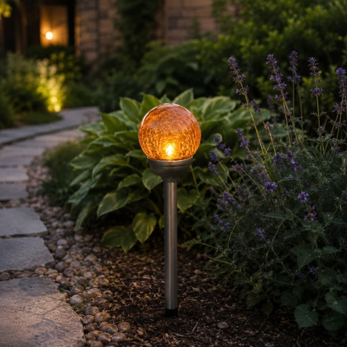 Solarna lampa ogrodowa LED z bursztynową kulą ze spękanego szkła oświetlająca rabatę kwiatową przy kamiennej ścieżce w ogrodzie po zmroku.