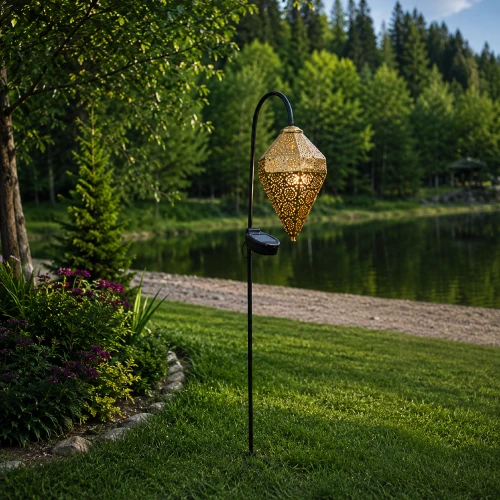 Dekoracyjna lampa solarna LED w orientalnym stylu zawieszona na sztycy w ogrodzie przy trawniku i zbiorniku wodnym.