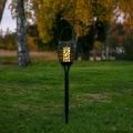 Dekoracyjna solarna lampa ogrodowa LED wbita w trawnik na tle jesiennego krajobrazu.