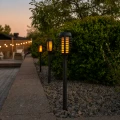 Lampy solarne LED w nowoczesnym ogrodzie zapewniające nastrojowe oświetlenie przy ścieżce i zielonych krzewach po zmroku.