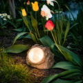 Solarna lampa ogrodowa w kształcie kamienia emitująca ciepłe światło LED, ustawiona wśród tulipanów i żonkili na rabacie kwiatowej.